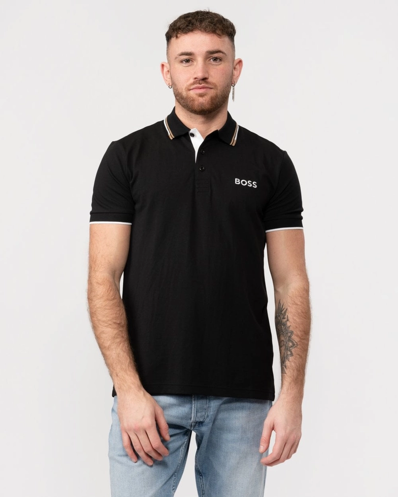 Hugo Boss Paddy Pro Mens Cotton Blend Polo Shirt With Contrast Logos - Black - Size Large